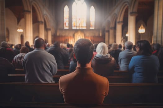 The congregation attending the Holy Mass. People praying in a church. Holy mass in Christian church. Listen to the homily during the service. Interior of the cathedral
