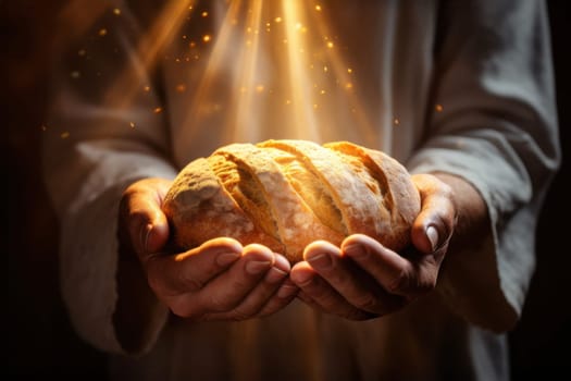 Sacred bread. Eucharistic body of Christ. Man holding a bread. Offertory, Eucharistic Prayer, Consecration, Lord’s Prayer. Daily bread. The Most Holy Body and Blood of Christ