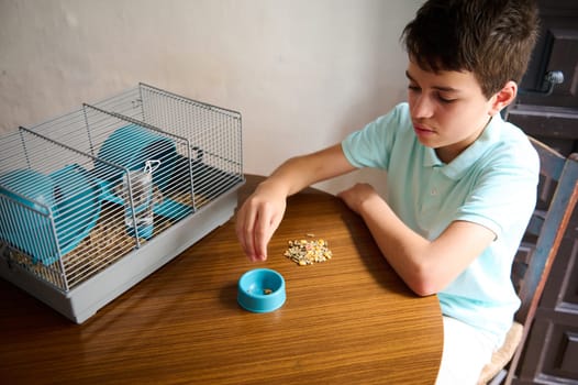A young boy feeds his pet hamster with care, sitting next to its cage on a wooden table. The environment conveys joy, responsibility, and the bond between pets and humans in a domestic setting.