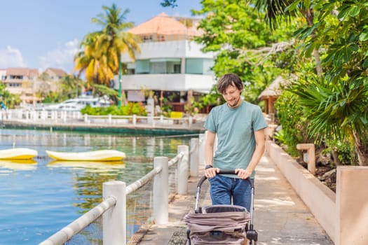 A young father walks along the scenic waterfront, pushing a baby stroller with her child inside. A peaceful and heartwarming moment of motherhood, relaxation, and outdoor bonding by the sea.