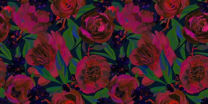 Seamless spring pattern drawn in gouache with dark peonies for trxtile