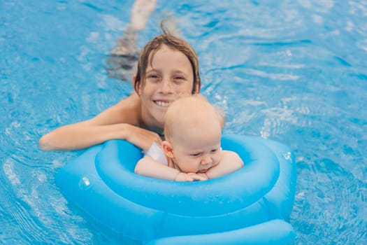 An older brother swims in a pool alongside his baby sibling, who is safely seated in an inflatable float. Joyful family moment full of laughter, bonding, and summer fun. Childhood, care, and sibling love concept.