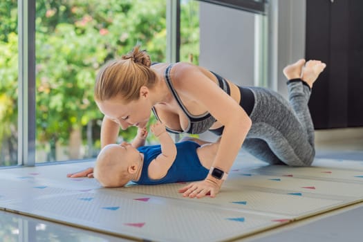 A mother works out with her 3-month-old baby, incorporating fitness and bonding into a joyful routine. A heartwarming moment of parenting, love, and a healthy lifestyle. Family, care, and active parenting concept.