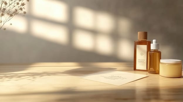 Natural skincare products are arranged on a wooden table bathed in warm sunlight, creating a serene atmosphere. Simple designs enhance their appeal, inviting a calming experience.