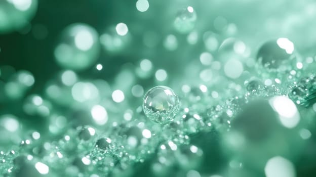 Close-up captures the beauty of water droplets glistening under soft light, creating an enchanting turquoise atmosphere filled with sparkling reflections.