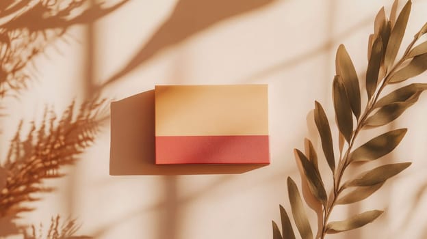 A geometric block featuring warm colors is placed on a textured surface. Natural light casts soft shadows from nearby leaves, enhancing the visual appeal and creating an artistic atmosphere.