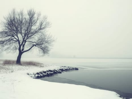 A serene winter scene with a bare tree standing alone on the snow-covered bank of a frozen river. Fog obscures the surroundings, creating a peaceful, quiet atmosphere.