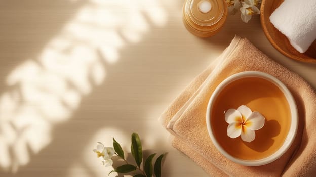 A tranquil spa environment features a bowl of herbal infusion with a delicate flower, soft towels, and aromatic oils, creating a serene atmosphere for relaxation.