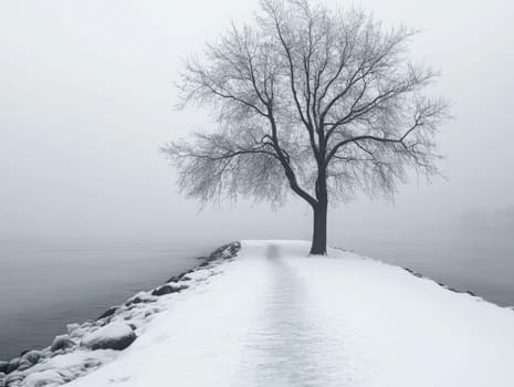 A cold winter day unfolds with a barren tree standing alone on a snowy pathway by the water. The scene is shrouded in fog, showcasing nature's tranquility and isolation.