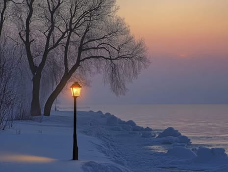 A warm glow from a streetlamp lights up the snowy riverbank at dawn. Ice floats on the water, while bare trees stand tall against the vibrant colors of the morning sky.