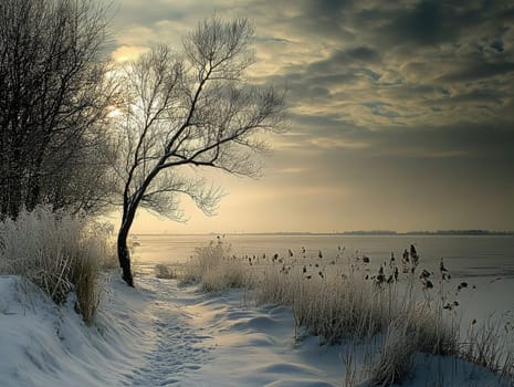 A solitary tree stands near a snow-covered path by the river. The sun sets behind clouds, casting a soft glow over the serene winter landscape.