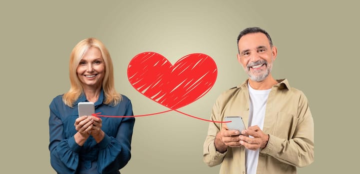 A couple stands together, smiling and holding smartphones, celebrating their affection on St. Valentines Day. They are connected by a drawn heart, symbolizing love and communication in a digital age.