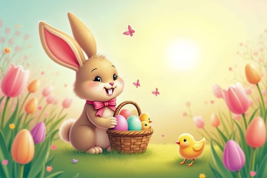 A cheerful bunny holds a basket filled with colorful eggs, surrounded by blooming flowers and playful chicks under a bright spring sun. Generative AI.
