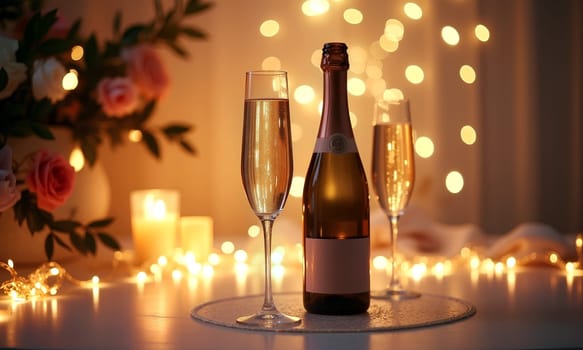 Two elegant champagne flutes are filled with bubbly next to a bottle of champagne, surrounded by glowing candles and soft, festive lights, creating a cozy evening ambiance - Generative AI