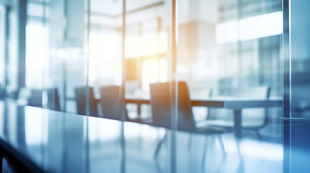 Bright light floods a contemporary office space through glass walls, showcasing empty chairs around a central table, creating an inviting atmosphere for collaboration - Generative AI