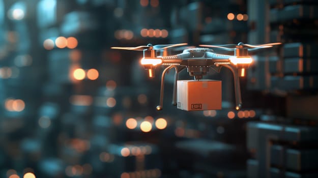 A drone hovers in mid-air, carrying a small package through a vibrant, high-tech cityscape illuminated by countless lights, showcasing futuristic delivery systems - Generative AI