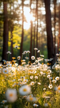 Sunlight streams through tall trees, illuminating a vibrant meadow where daisies bloom abundantly. The tranquil atmosphere creates a serene escape into nature - Generative AI