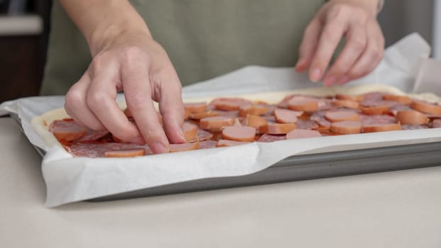 Homemade square pizza with cheese and sausage topping served on wooden table Square pizza, full cheese spread organic pizza healthy pizza.