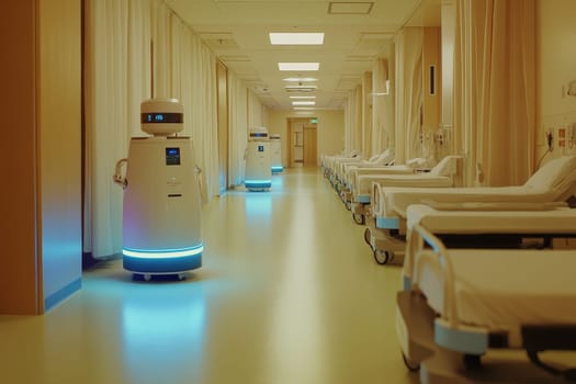 Explore a modern hospital corridor featuring robotic nurses moving efficiently, showcasing advanced technology transforming patient care and hospital operations.