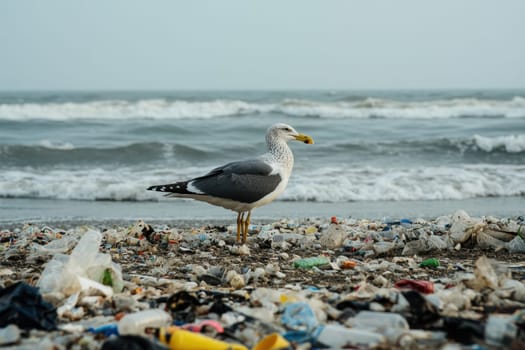 A solitary seagull stands on a beach cluttered with plastic waste, highlighting the pressing issue of ocean pollution and its impact on wildlife.