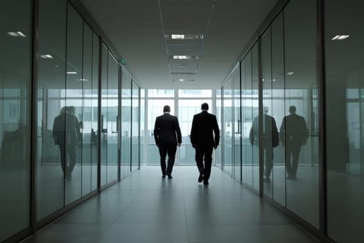 Two professionals in suits walk through a modern office hallway. Their silhouettes reflect a corporate environment emphasizing teamwork and career progression.