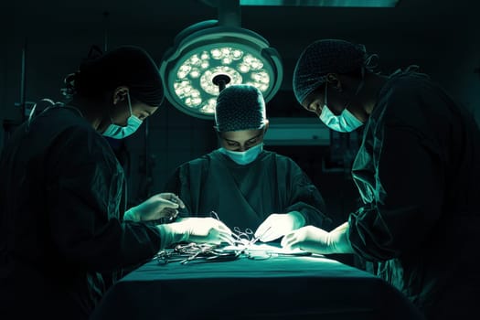 Surgeons work collaboratively in a high-tech hospital operating room, utilizing robotic surgical arms to enhance precision and efficiency during a delicate procedure.