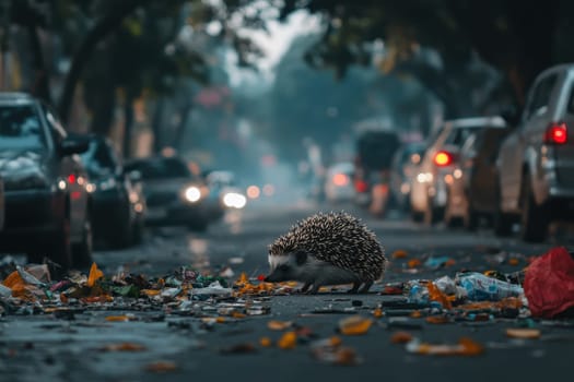 A hedgehog bravely attempts to cross a road cluttered with litter and debris, showcasing the challenges wildlife face in urban environments.