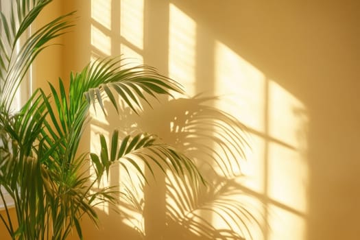 Experience the calming effect of subtle plant shadows projected on a soft yellow background. This minimalist image evokes tranquility and elegance in any space.