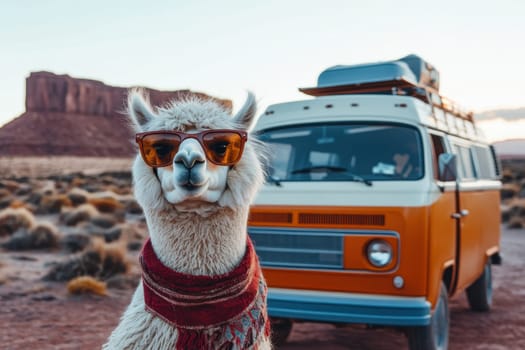 A fluffy alpaca stands confidently wearing sunglasses and a stylish scarf in a scenic desert landscape, complemented by a vintage van in the background.