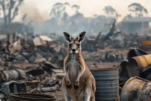 A kangaroo stands upright in a parched, cracked landscape filled with industrial debris. This striking image captures the resilience of wildlife in challenging environments.