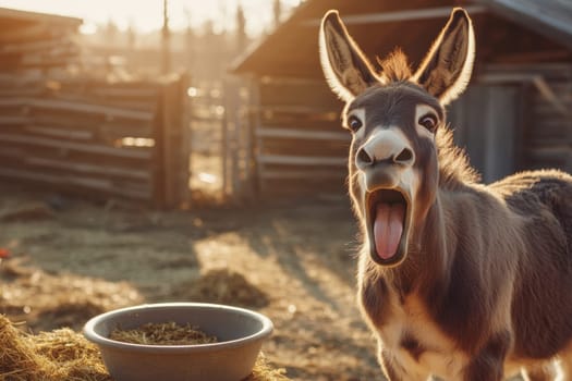 A donkey stands next to an empty food bowl, showcasing a playful expression with its mouth open. The farm setting captures a calm and serene moment in nature.