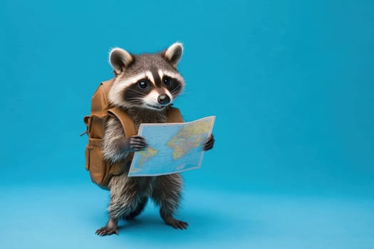 This adorable raccoon wears a tiny backpack while holding a map, featuring a bright blue background. Perfect for themes of adventure and exploration.
