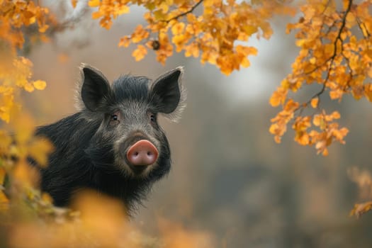 A wild boar with a hilarious expression and a curled tongue peeks through vibrant autumn foliage, creating a charming and playful wildlife portrait.