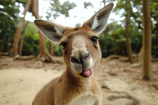 A playful kangaroo with a comical expression sticking out its tongue amidst a serene forest backdrop, showcasing the charm of wildlife and natural beauty.