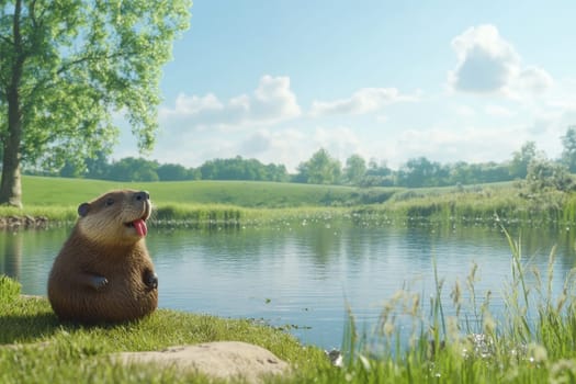 A cheerful chubby beaver sits near a peaceful lake, playfully sticking its tongue out. The serene landscape features lush greenery and reflects a sunny day.