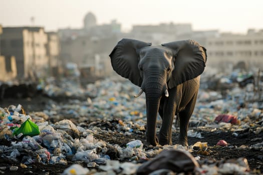A solitary elephant navigates a garbage-strewn landscape, searching for edible plants. This stark scene highlights the challenges faced by wildlife amidst urban waste.