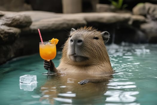 A capybara enjoys a leisurely soak in a hot spring while sipping a refreshing orange drink. This serene scene captures the essence of relaxation in nature, perfect for animal lovers.