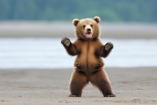 A playful brown bear stands upright on its hind legs, showcasing a joyful expression. The bear is surrounded by a natural habitat, creating a lighthearted scene.