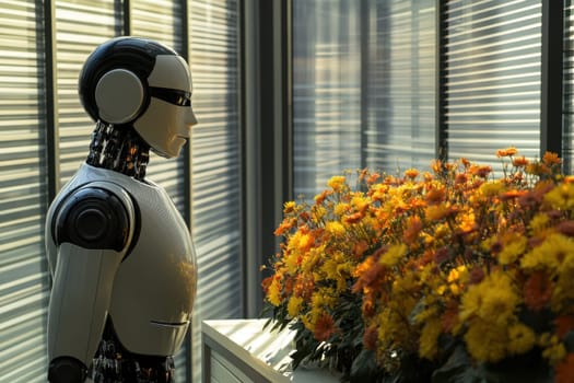 A futuristic AI-powered robot assistant stands near a vibrant flower arrangement in a modern office, showcasing innovation and advanced technology for efficient workspace solutions.