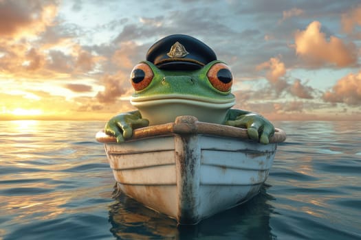A cheerful frog wearing a captain's hat sits confidently in a boat on serene waters during sunset. The scene captures a whimsical moment filled with joy and adventure.