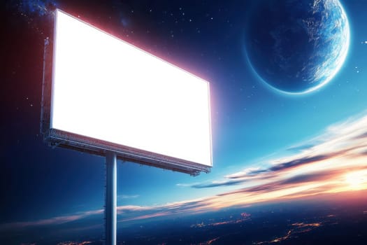 A high-tech futuristic floating billboard in deep space with a blank screen, set against a stunning cosmic backdrop featuring Earth. Perfect for creative projects.