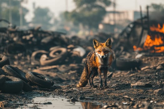 A solitary fox scavenges through a dirty and rugged landscape. Its matted coat reflects its struggle for survival in an urban environment littered with debris.