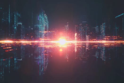 This abstract image captures a vivid city skyline silhouette, blended with neon lights and colors, reflecting a dynamic urban atmosphere of modern technology.