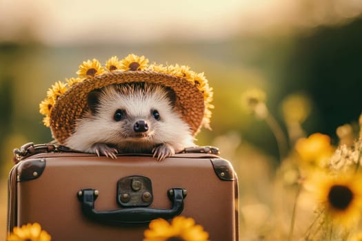 An adorable hedgehog peeks out of a suitcase, donning a straw hat adorned with flowers. This charming scene captures the joy of exploration and nature beauty.