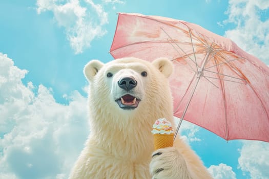 A delightful polar bear holds a pink umbrella and an ice cream cone under a sunny sky, embodying joy and playfulness in a whimsical scene.