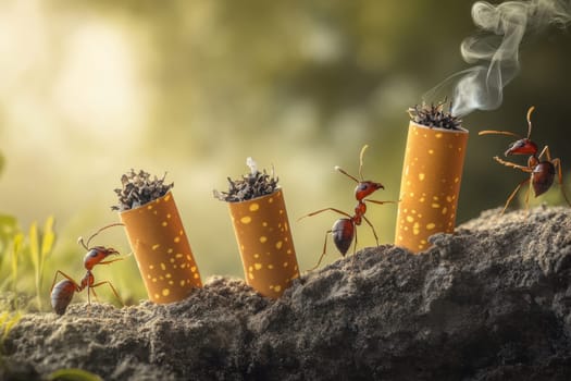 A captivating image of ants struggling to transport food in a lush environment. The scene illustrates their teamwork and determination amidst obstacles.
