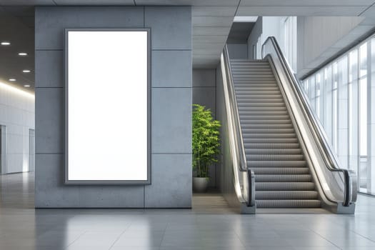 Blank billboard mockup situated in a modern indoor environment featuring an escalator and decorative plant, perfect for design and advertising projects.