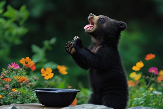 A young bear cub stands on its hind legs with mouth open in a delightful display, surrounded by colorful flowers in a serene outdoor setting.