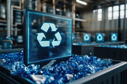 This image captures a thriving local business hub, showcasing a modern recycling factory with blue materials, emphasizing sustainability and innovation in urban development.