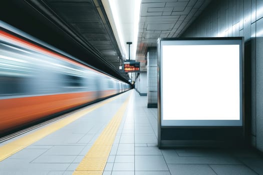 A blank advertising board stands prominently on a subway platform, capturing the motion of a passing train. The space conveys urban energy and anticipation.
